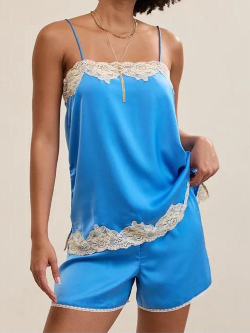 OVERSLEPT by Aerie Liquid Satin Lace-Trim Pajama Set in Rome Blue. *NWT*